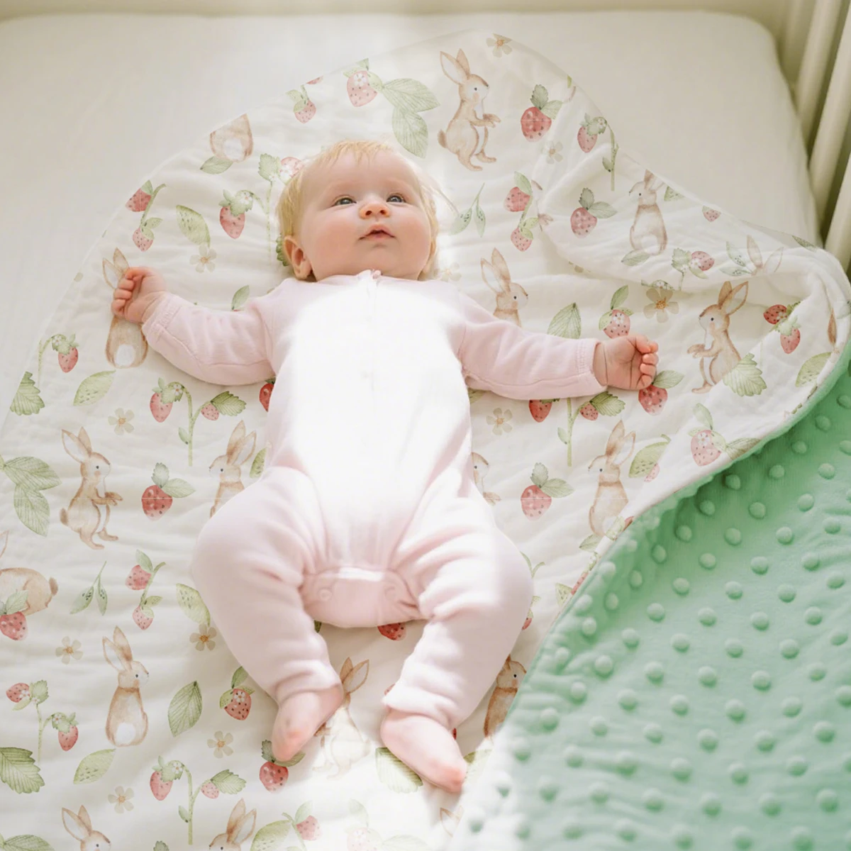 Couverture bebe personnalisee – lapins et fraises